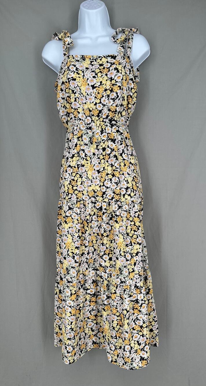 Social Standard Dress Womens Medium Black Floral Maxi Yellow Tiered Cottage Boho